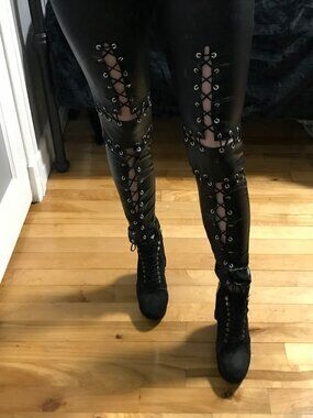 Goth Punk Emo Black Shiny Wet Look Corseted Lace Leggings SMALL